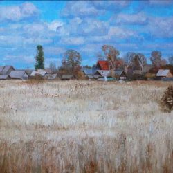Деревенская осень, Осень в деревне. Пшеничное поле. Голубое небо с белыми облаками
