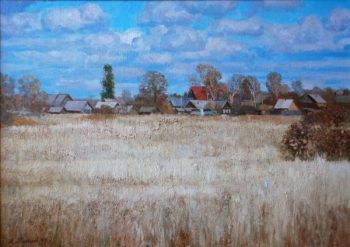 Деревенская осень, Осень в деревне. Пшеничное поле. Голубое небо с белыми облаками
