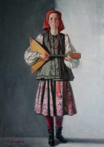 Русский народный костюм. Балалайка. Девушка с музыкальным инструментом