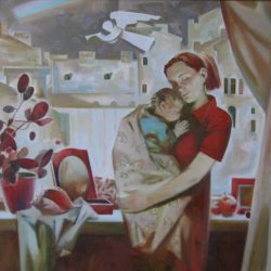 Мама с ребенком на руках. Стилизованная живопись. Городской пейзаж за окном. Цветок на подоконнике.
