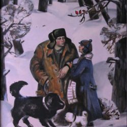Зимний лес. Снегири. Большая черная собака и маленькая белая собачка.