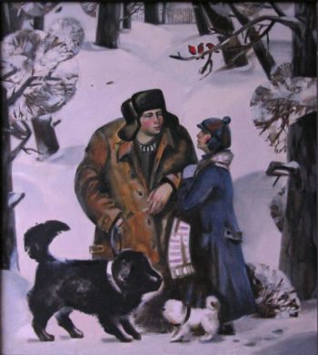 Зимний лес. Снегири. Большая черная собака и маленькая белая собачка.