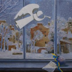 Рождественский ангел. Снег идет. Красивый вид из окна. Елочная игрушка